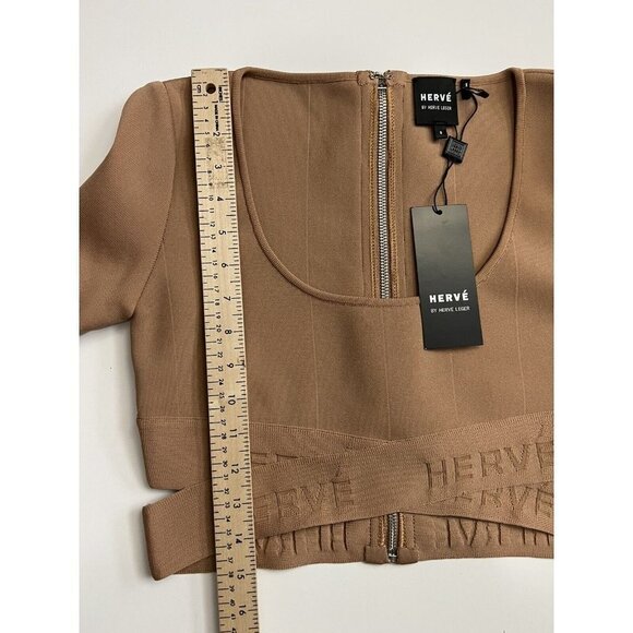 Herve Leger Long Sleeve Scoop Neck Crop Top Sun Beige NWT Small - Picture 12 of 12